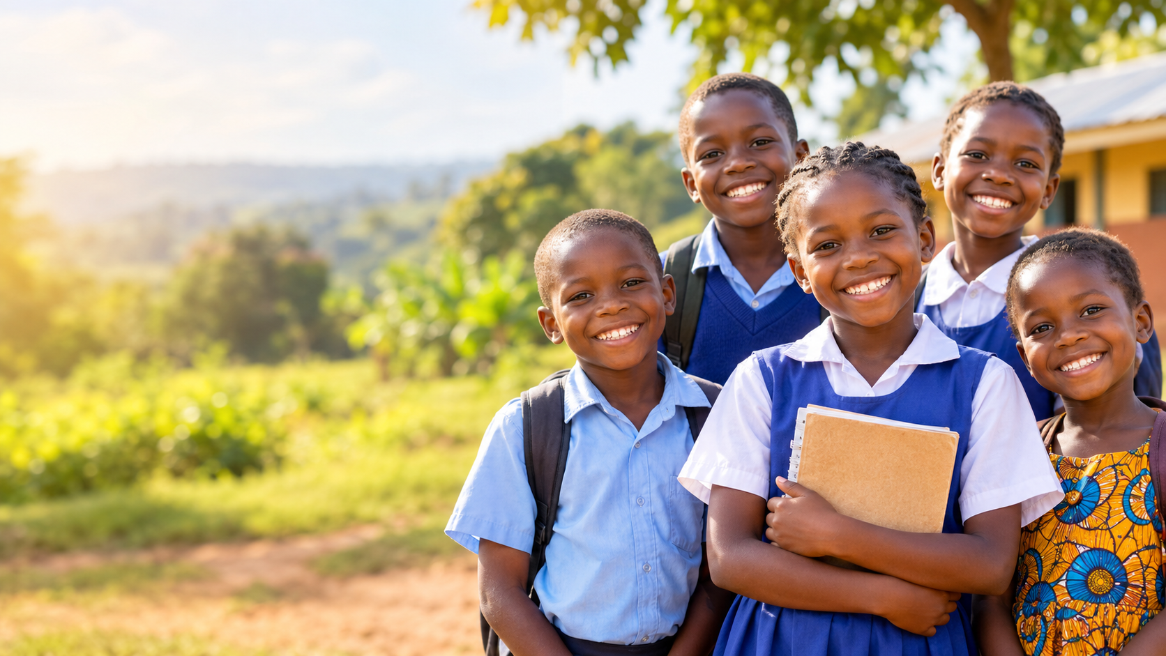 Smiling Ugandan schoolchildren looking toward a brighter future